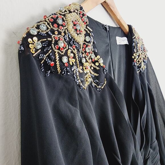 NEW Ieena For Mac Duggal Black Embellished Bead Shoulder Blouson Sleeve Gown - Picture 6 of 14